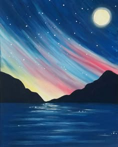 an acrylic painting of the night sky over water