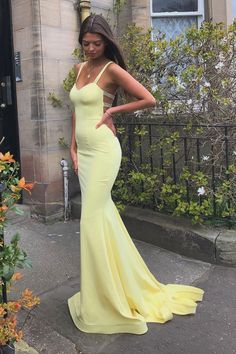 Prom Dress Yellow, Yellow Formal Dress, Satin Long Prom Dress, Yellow Mermaid, Cheap Prom Dresses Long, Formal Ball Gown, Prom Dresses Yellow, Spaghetti Strap Prom Dress, Yellow Satin