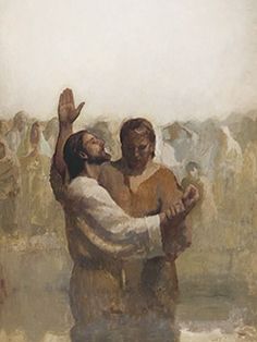 a painting of two men in the water with one holding his hand up to another man