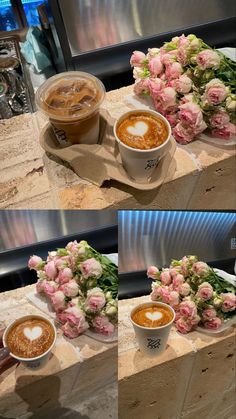 three different shots of coffee and flowers