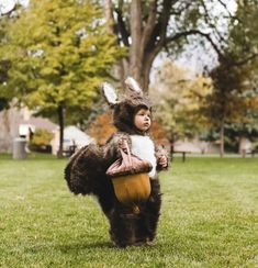 a little boy dressed as a bunny carrying a stuffed animal on his back in the park