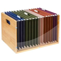 a wooden file box filled with assorted folders