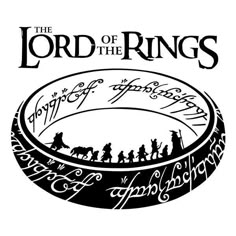 the lord of the rings logo in black and white with an image of people walking around it