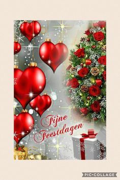 a christmas card with red hearts and presents