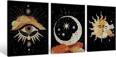 three canvases with sun, moon and stars in the sky on black background each one has an individual's eye