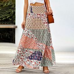 Printed skirt summer ethnic style high waist thin A-line skirt       	 		 			Size/cm 			US 			Waist 			Length 			  		 		 			S 			4-6 			61 			100 			  		 		 			M 			8-10 			65 			102 			  		 		 			L 			12-14 			69 			104 			  		 		 			XL 			16-18 			75 			106 Ruffle Hem Skirt, Elastic Skirt, High Waisted Maxi Skirt, Women Bodycon Dress, Printed Maxi Skirts, Long Maxi Skirts, Boho Skirts, Hem Skirt, Elegant Dresses Long