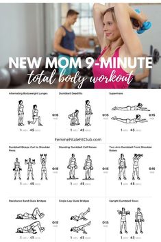 the new mom's 9 - minute total body workout is shown in this ad