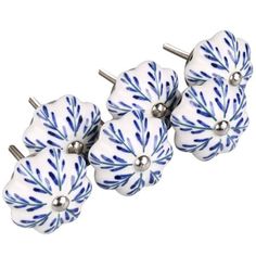 four blue and white ceramic flower knobs