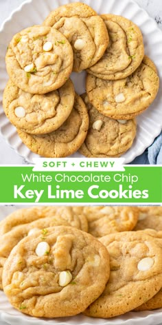 soft and chewy white chocolate chip key lime cookies on a plate with the title above it