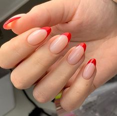 Red Tip Nails, Ongles Gel French, Nails Medium Almond, Press On Nails Medium, Red French, Medium Almond, Simple Gel Nails, French Tip Acrylic Nails, Fake Nails With Glue