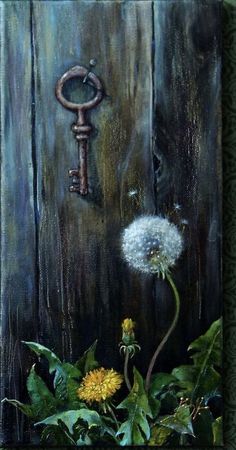 a painting of a dandelion and an old key on a wooden paneled door