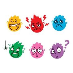 four different colored cartoon faces with angry expressions