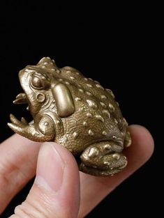 a gold colored frog statue sitting on top of a persons finger in front of a black background