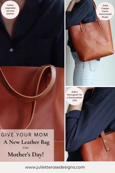 Every mom needs a great everyday tote bag! What a great Mother's Day gift idea for her! This handmade leather tote will perfectly compliment her casual outfit and minimalist wardrobe while helping her hold it all together. The leather tote is handmade from vegetable tanned leather and hand-hammered copper rivets. You can even personalize the tote with a custom gold monogram! Cool Mom Style, Leather Work Tote, Handmade Leather Tote Bag, Handmade Leather Tote, Tan Leather Tote, Everyday Tote Bag, Fashion Capsule Wardrobe, Everyday Tote