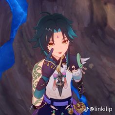 an anime character with black hair and tattoos holding two knives in one hand while standing next to a mountain