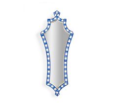 a blue and white checkered mirror hanging on the wall