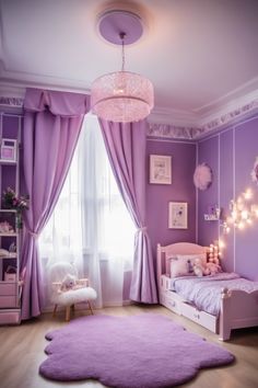 Elegant purple-themed child's bedroom with draped curtains, a crystal chandelier, plush toys, and a furry violet rug. Small Toddler Girl Bedroom, Toddler Girl Room Themes, Purple Toddler Room, Girls Bedroom Ideas Toddler, Toddler Girl Bedroom Ideas, Bedroom With Wallpaper, Wallpaper Accents, Pink And Purple Bedroom, Toddler Girl Bedroom