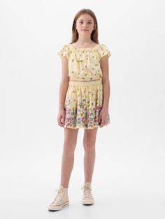 Smooth linen-cotton skirt.  Elasticized waist.  Allover print.  Easy, pull-on waist.  Hits at mid-thigh. Clothes Outfits, Skirt Mini, Gap Kids, Cotton Skirt, The Gap, Yellow Floral, Blue Plaid, Girls Shopping, Basement