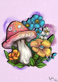 a drawing of flowers and mushrooms on a pink background