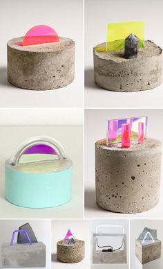 there are several pictures of different objects made out of concretes and cement blocks, including an object that looks like a house