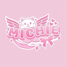 the hello kitty logo is pink and has angel wings on it, with hearts in the background