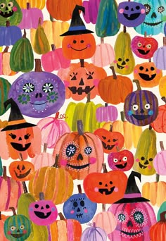 Many Colorful Jack-o-Lanterns Halloween Card Colorful Halloween Art, Colorful Halloween Wallpaper, Horizontal Halloween Wallpaper, Halloween Cute Illustration, Yellow Halloween Wallpaper, Halloween Illustration Art, Halloween Objects, Colourful Halloween, Cute Halloween Art