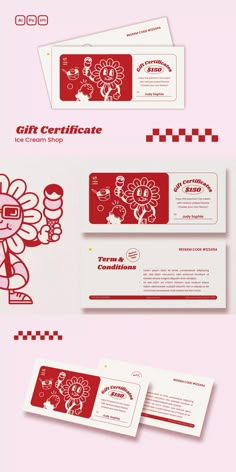 some red and white business cards on top of each other with the words gif certificate