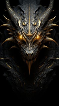 the head of a dragon with glowing eyes and horns on it's face, against a black background