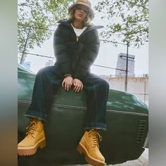 Questions? Leave A Comment Below! Timberland Stone Street Outfit, Casual Timberland Boots For Fall, Timberland Boots For Fall Streetwear, Platform Timberlands, Timberlands Outfits Women, Platform Boot Outfit, Recreate Photos, Timberland Outfit, Gender Euphoria