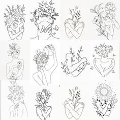 several drawings of flowers and hearts on paper