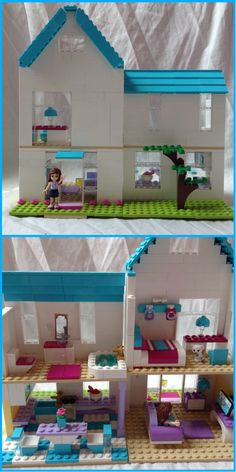 two pictures of the inside of a doll house with furniture and accessories on display in different stages of construction