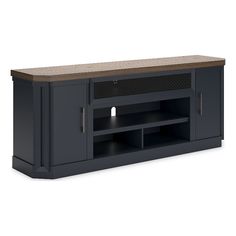 an entertainment center with a wooden top and two shelves on one side, the other side is