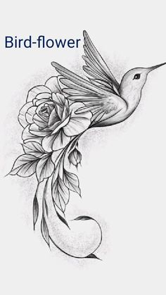 a black and white drawing of a humming bird with flowers