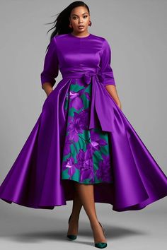 Xpluswear Design Plus Size Formal Red Floral Round Neck 3/4 Sleeve Peplum Satin Midi Dresses - Xpluswear Dark Purple Mother Of The Bride Dress, 2 In 1 Dresses, Purple Dresses For Women, Purple Dress Formal Classy, Purple Plus Size Dresses, Classy Formal Dresses, Plus Size Special Occasion Dresses, Royal Purple Wedding, Satin Midi Dresses