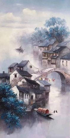 a painting of a bridge over a river with houses and boats in the water near by