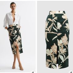 A Vintage Aesthetic Informs The Jackson Midi Skirt, Thanks To Its Charming Floral Print Design. It's A High-Rise Style That Skims The Frame For A Figure-Hugging Look. A Front Slip ... Elegant Green Floral Print Bottoms, Elegant Long Skirt With Floral Print, Elegant Green Mini Pencil Skirt, Floral Print Mini Skirt For Work, Elegant Floral Print Pencil Skirt For Spring, Formal Summer Skirt With Floral Print, Elegant Floral Print Skirt, Floral Print Pencil Skirt For Work, Elegant High Waist Floral Print Bottoms