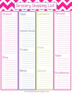 the grocery list is shown with pink and green chevrons on it, along with an additional shopping list