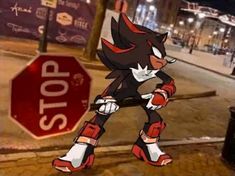 an image of a cartoon character holding a stop sign in front of a city street