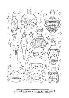 the coloring page is filled with different types of perfume bottles and stars in black and white