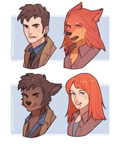 four different faces of people with red hair and an animal's head in the middle