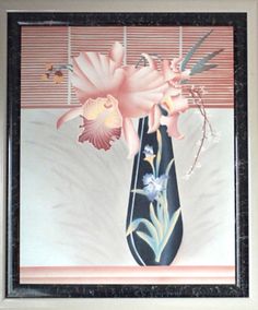 a painting of pink flowers in a vase on a white tablecloth with bamboo blinds