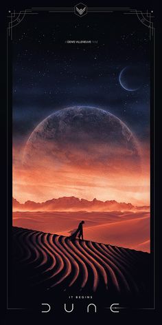 the poster for dune shows a man sitting on top of a hill in front of an orange sunset