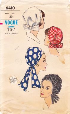 This vintage Vogue sewing pattern was designed in 1965. It makes a draped hat with trim variations. Head Size 23. The pattern is unused and complete but no longer in factory folds. The instructions are included. The envelope has some yellowing but is intact. Please Note - This is an original, vintage sewing pattern - it is not an unauthorized copy or reproduction. To see more fashion accessories patterns: https://www.etsy.com/shop/studioGpatterns?section_id=7261989 To visit my shop: https://www.etsy.com/shop/studioGpatterns 1960s Vogue, Vintage Vogue Patterns, Pattern Draping, Patron Vintage, Vogue Vintage, Fabric Sewing Patterns, Hat Patterns To Sew, Vogue Sewing, Dress Making Patterns