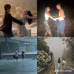 two people dancing in the rain and one is holding his arm around another person's neck