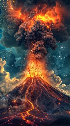 Huge volcano has woken up and released a huge cloud of lava and ash into the night starry sky Volcano Background, Volcano Tattoo, Volcano Explosion, Apocalypse Wallpaper, Volcano Art, Volcano Pictures, Volcano Photos, Night Starry Sky, Duck Species