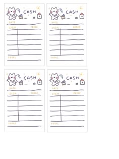 three bills with cartoon animals on them and the words cash written in blue ink, sitting next to each other