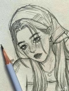 a pencil drawing of a girl with long hair