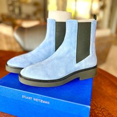 New, Never Worn. Henley Suede Chelsea Boot In Periwinkle Suede With Pull-On Tab, Elasticized Slip-On Style, Lightly Padded Leather Insole Smooth, 1.5in Heel 1in Platform. Light Blue Boots, Suede Chelsea Boots, Blue Boots, Stuart Weitzman Shoes, Chelsea Boot, Stuart Weitzman, Chelsea Boots, Bootie Boots, Chelsea