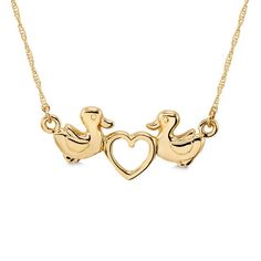 "14k solid gold duck with heart necklace. measures 1/4\" by 3/4\" on 18\" long attached chain. high polish finish." Duck Holding Knife Earrings, Duck Earrings, Rubber Duck Necklace, Duck Necklace Jewelry, Gold Frog Necklace, Cute Ducklings, Pretty Jewelry Necklaces, Pretty Jewellery, Wedding Ring Sets