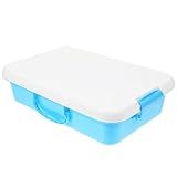 a blue and white lunch box on a white background